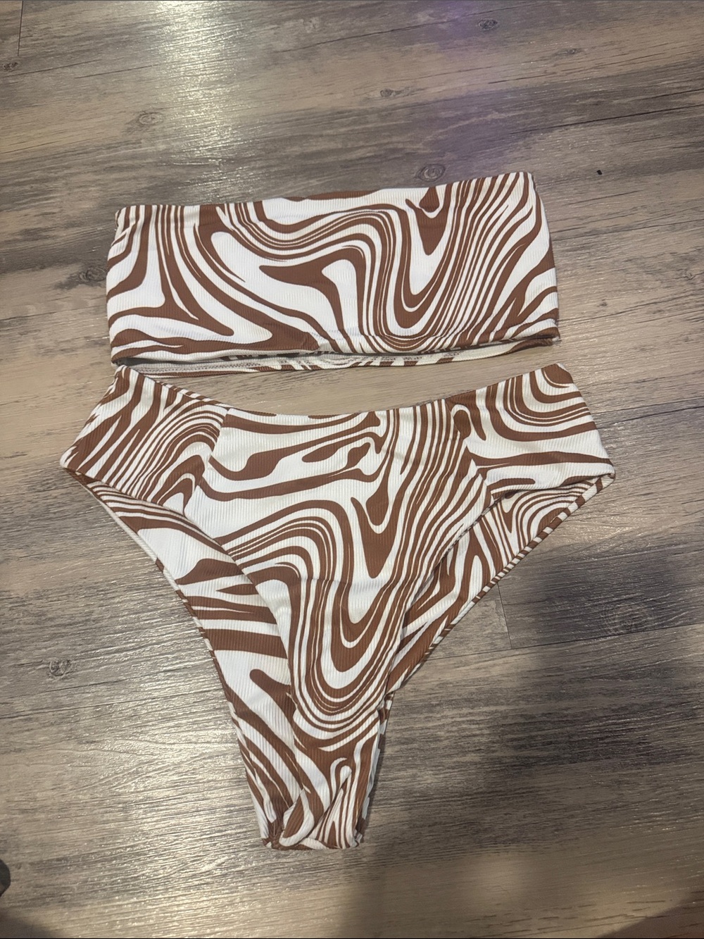 High-Waist Brown & White Swirl Bandeau Bikini Set